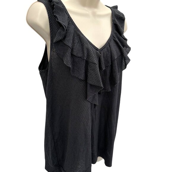 NWT DKNY Jeans Womens Striped Gray Sleeveless Top With Ruffle V-Neck Size L - Picture 2 of 8
